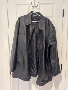 Vintage R&R Casuals Men's Black Leather Car Coat Jacket (Size Large/XL)